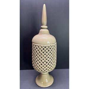 Three Hands Style Cream Pierced Lattice Ginger Temple Jar w/ Lid 15” Tall Decor